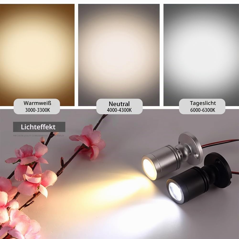 Dimmbare Mini-LED-Spots, 12 V – 1,5 W, 3000 K, warmes Licht, verstellbare Beleuchtung mit Dimmer für Displays, Schwarz, 6 Stück