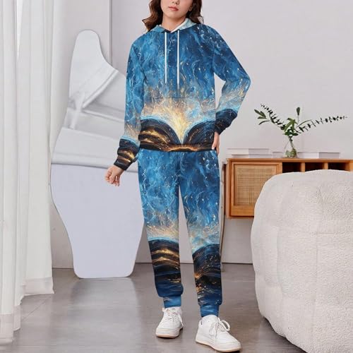 Boys Girls Sweatshirt Set 2 Piece Pullover Hoodie Kid Jogger Sweatpants, Books Lovers Blue Flaming2