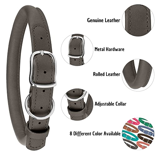 Murom Rolled Leather Dog Collar Soft Adjustable Round Rope Pet Collars For Small Medium Large Dogs Puppy Green Blue Pink Brown Aquamarine (14"-18" Neck Fit, Dark Gray) #TOP3