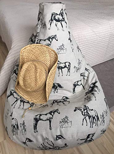 Black Horses Bean Bag Chair For Kids Adults, Handmade Natural Linen Beanbag Cover, Eco Friendly Floor Pillow Seating, Cotton Insert, No Filler #TOP2