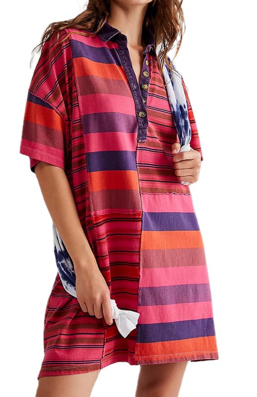 Image of NUFIWI Y2K Striped Shirt Mini Dress for Women Oversized Stripe Tunic Tshirt Dresses Short Sleeve Buttons Loose Fit Tee Dress