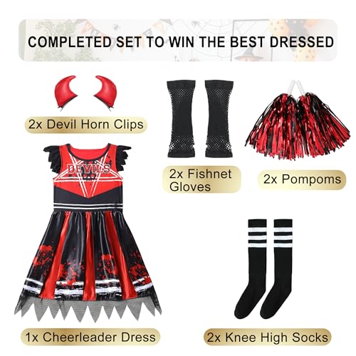Sincere Party Zombie Cheerleader Costume Zombie Devil Dress with Pompom,Tights,Fishnet Gloves,Devil Horns Clips L(8-10) - Image 3