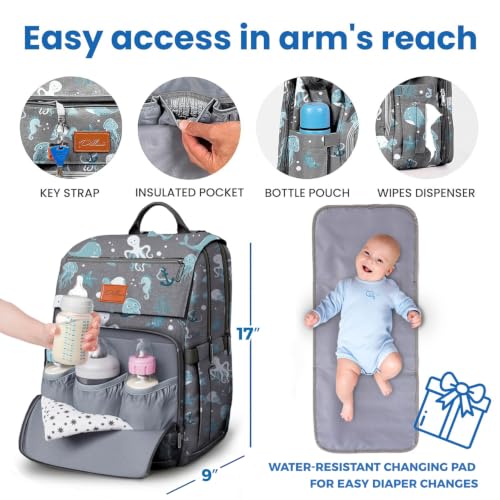 Image of PILLANI Baby Diaper Bag Backpack - Backpack Diaper Bag w /Large Capacity - Baby Shower Gifts - Waterproof Travel Diaper Bags w /Changing Pad, Insulated Bottle Holders, Padded Straps - Baby Boy Stuff