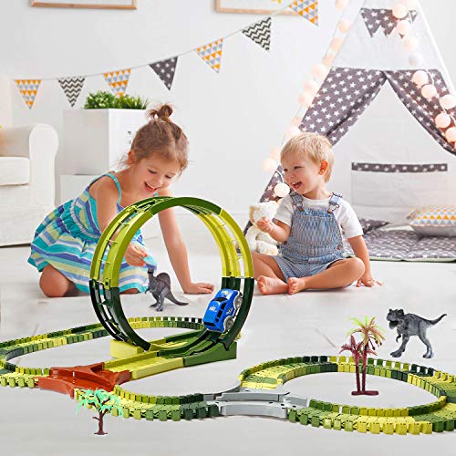 image for MOFIR Dinosaur Toys Race Tracks for Kids, 360° Route Race Car Flexibl