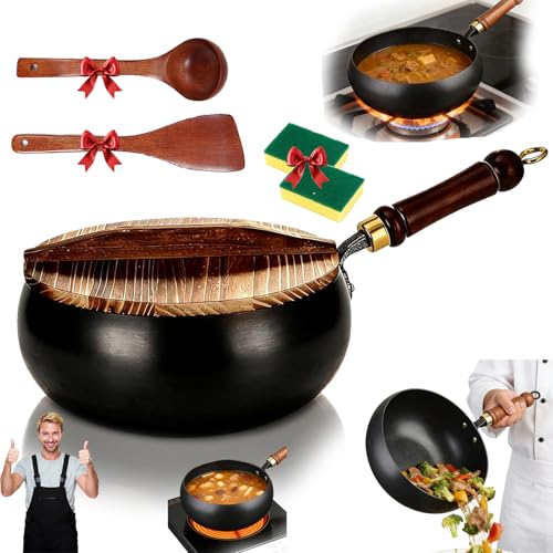 Wok japonés de hierro fundido con tapa de madera 11 pulg