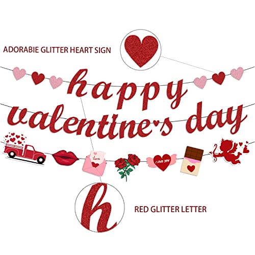 Image of FestikoHappy Valentines Day Banner with Heart Garland, Red Pink Glitter Valentines Banner, Valentines Day Decorations Garland for Fireplace Home Wedding Anniversary Party