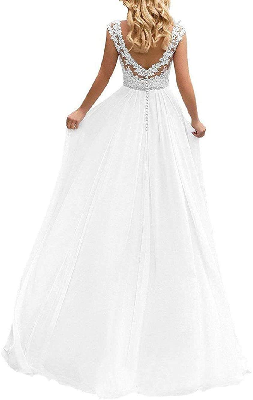 Chiffon Largo Vestido de Novia Civil Vestido de Novia de Moda Encaje de Línea a sin Espalda, Marfil, 40