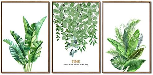 Canvas Print Wall Decor Art Leaf Green Plant with Gold Color Series Picture Simple Life 3 Piece 12 x 16"/ Panel Botanical Houseplant Nature Home Decorations Kitchen Study Room - Wood Color Framed