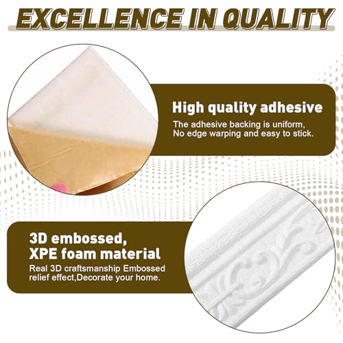 LPZMPZ Bordüre Selbstklebend Weiß, Wandbordüre 10m x 8cm x 4mm, Zierleisten, Wasserdicht 3D Tapetenbordüre für Flur, Decke, Ecke, Linie