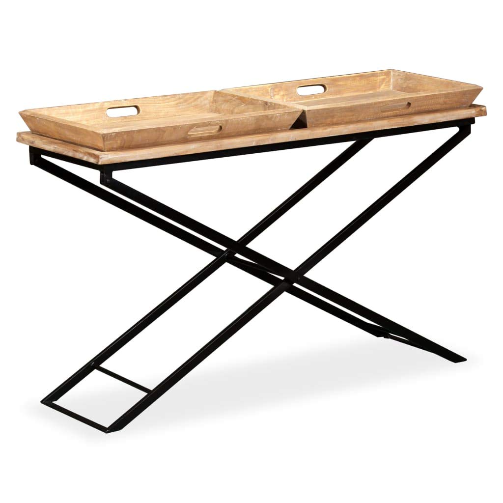 Table console en manguier avec 2 plateaux amovibles et pieds en acier cadre en X