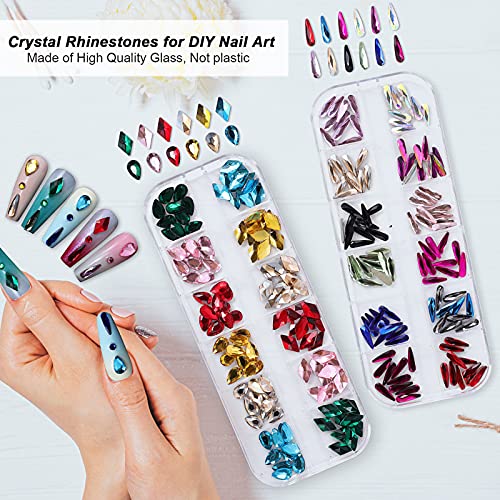 Nail Art Rhinestones Kit, 9908Pcs Mix 42 Styles 3D Glass Crystal Ab Mix Colors Nail Gems Rhinestones 5 Box Set For Nail Decoration Nail Art Diy Crafts, Flat Back Nail Jewels #TOP3