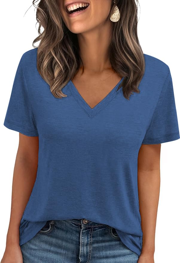 Cuptacc Tshirt Damen Sommer Basic Shirt Oberteile Damen V-Ausschnitt Kurzarm Einfarbig Casual Top GrauBlau Klein S 34-36
