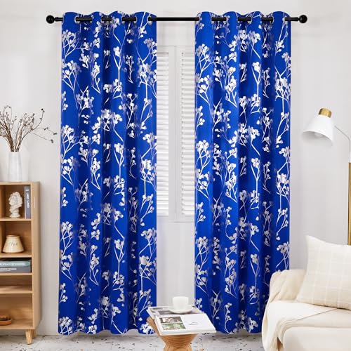 Deconovo Eyelet Blackout Curtains Home Decorative Silver Flower Tree Pattern Thermal Insulated Curtains for Living Room 46 x 90 Inch Royal Blue 2 Panels - Image 2