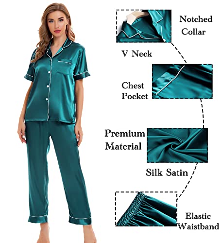 Image of SWOMOG Womens Silk Satin Pajamas Sets 4pcs Sleepwear Sexy Cami Shorts Set and Button Down Short Sleeve Pjs Loungewear