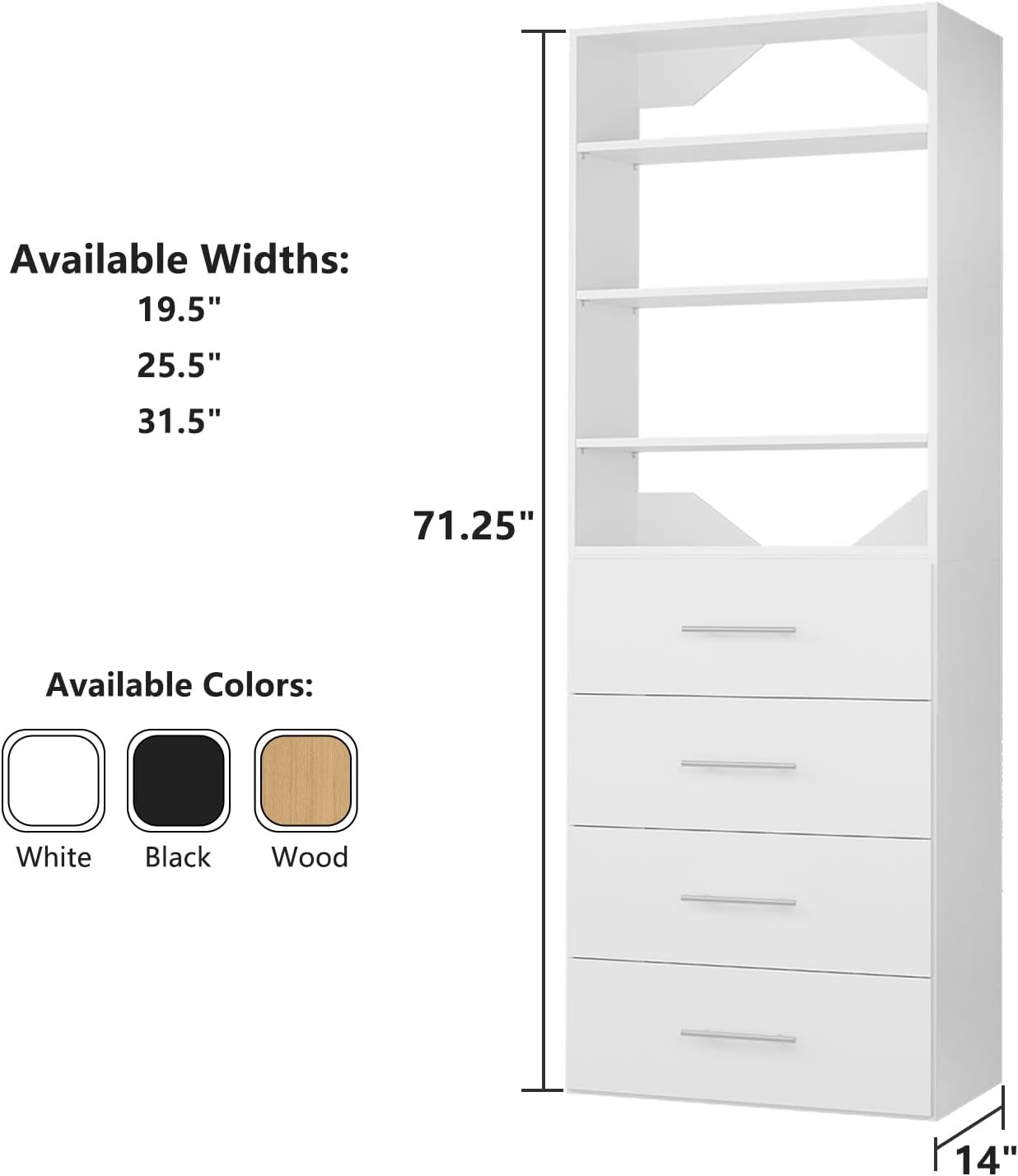 ROOMTEC Modular Closet System, 25.5" 4 Drawer Shelf Closet Tower Wall-Mounted Closet Organizer, Wooden Tower for Walk-In Closets, Wardrobe Storage Kit, White