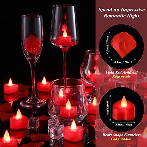 Image of Coume 6000 Pieces Artificial Rose Petal 72 Pieces LED Tealights Candle, Romantic Decorations Special Night Rose Petal Heart Candle for Valentines Wedding Anniversary Proposal Decor(Red Light)