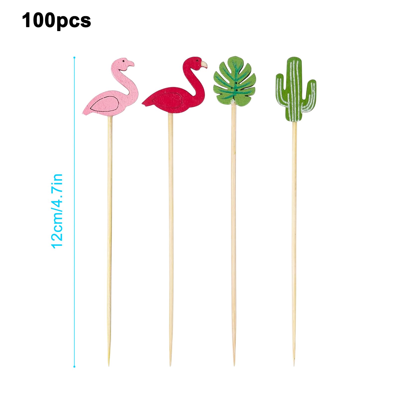 100 spiedini per frutta usa e getta, 12 cm, in bambù, con 5 motivi, fenicottero, monstera, ananas, cactus, spiedini in legno per fingerfood frutta, bevande, cocktail sticks