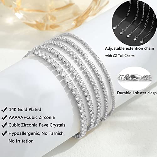 5 Pcs Silver Bracelets For Women Teen Girls, 14K Real Gold Plated Adjustable Cubic Zirconia Dainty Tennis Anklet Bracelets Pack, Classic Bracelets Aesthetic Jewelry For Gift #TOP2