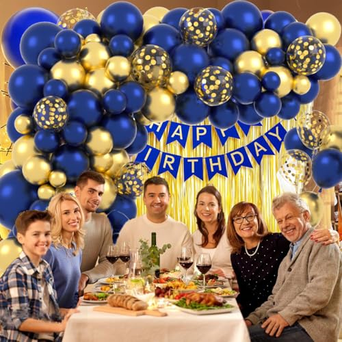 Image of Navy Blue Gold Balloon Garland Arch Kit - Navy Blue and Metallic Gold Balloons Blue Birthday Decorations for Men Tirement Birthday 2026 Graduation Party Decorations