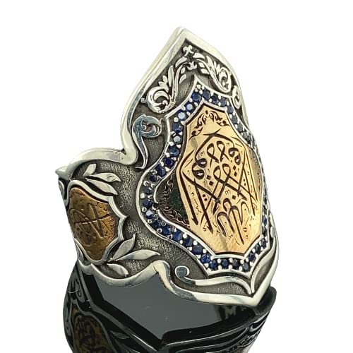 Handmade Thumb Ring, Arabic Calligraphy Thumb Ring Men, Silver Archer Ring, Sapphire Gemstone Ring, 925k Sterling Silver