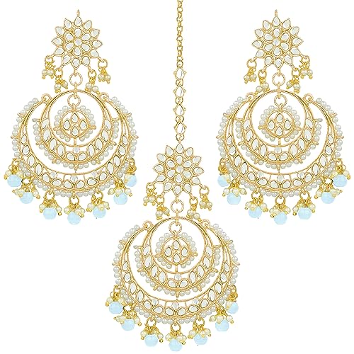 Image of Peora Traditional Jewellery Rhodium Kundan & Pearl Maang Tikka Earring Set for Women Girls