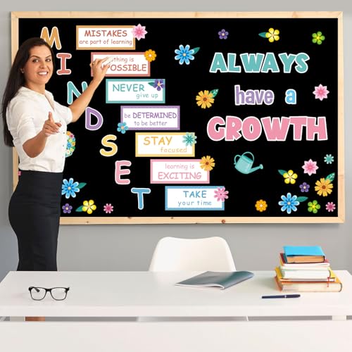 Growth Mindset Bulletin Board Set Flower Theme Poster Positive Educational Sayings Accents Decoration Inspiration Classroom Wall Display Set Brain Cutouts for School Office Home Teacher Classroom Wall - Image 4