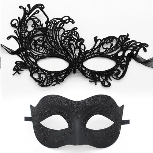 AWAVM 2 Pièces Masque Vénitien, Masque de Style Vénitien pour Homme et Femme, Noir, Dentelle et PVC, Adaptable, Pour Carnaval, Mariage, Soirée à Thème,...
