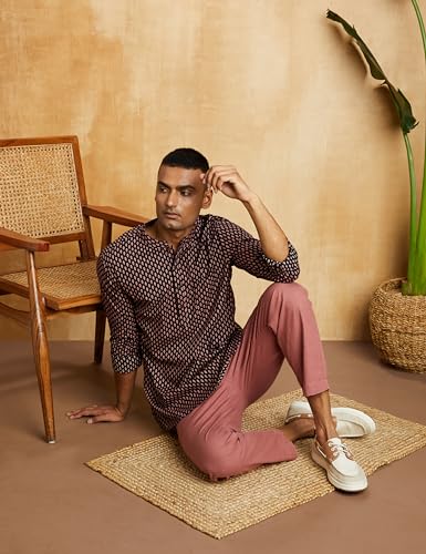 Image of Amazon Brand - Symbol Cotton Screen Print Regular Men's Smart Length Kurta