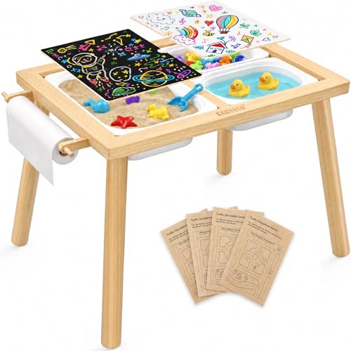 Easyego Sensory Table for Toddlers Kids Play Wooden Sand Water Table with Double-Sided Board & Foldable Storage Bins for Indoor and Outdoor Use Birthday Gifts for Boys and Girls-Natural Color