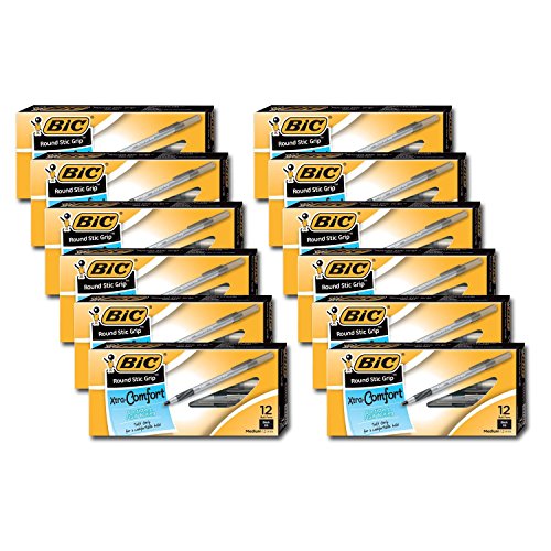 Image of Bic Ultra Round Stic Grip Ball Point Pens, Medium Point, 1.2 mm, Black Ink (144 Pens)
