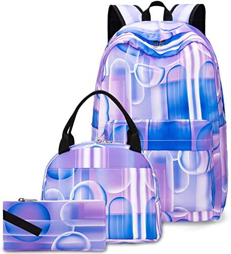 Ledaou Backpack For Girls School Bag Kids Bookbag Teen Backpack Set Daypack With Lunch Bag And Pencil Case (Blue Stripes Bubble) #TOP2