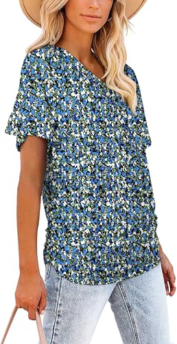 Image of WIHOLL Womens Summer T-Shirts Short Sleeve V Neck Dolman Tops with Side Shirring Loose Fit Shirts Spring Fashion