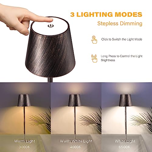 CHLORANTHUS 2 Pack Cordless Table Lamps, 3 Colors Stepless Dimming, 5000mAh Rechargeable Battery LED Desk Lamp for Bedroom/Couple Dinner/Desk/Cafe/Dining Room/Terrace(Antique Copper) - Image 4