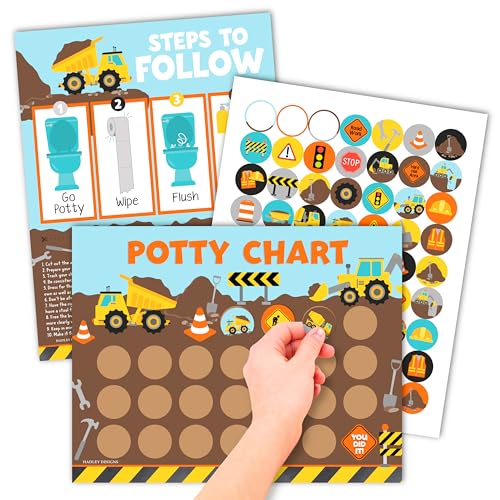 Image of Hadley Designs Potty Training Chart for Toddlers Boys -10 Sticker Potty Chart for Toddlers Boys, 8.5x11 inch Potty Training Sticker Charts for Toilet Success, Construction Toddler Reward Chart for Kids