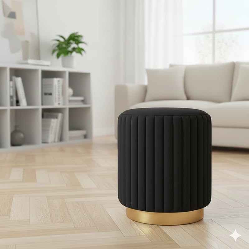 Image of Designer Velvet Round Footstool Ottoman with Sturdy Gold Metal Band Base for Home Decor & Extra Seating, Lightweight Pouf Stool for Sofa Side & Bedroom, 16x16x17 Inch (Black)