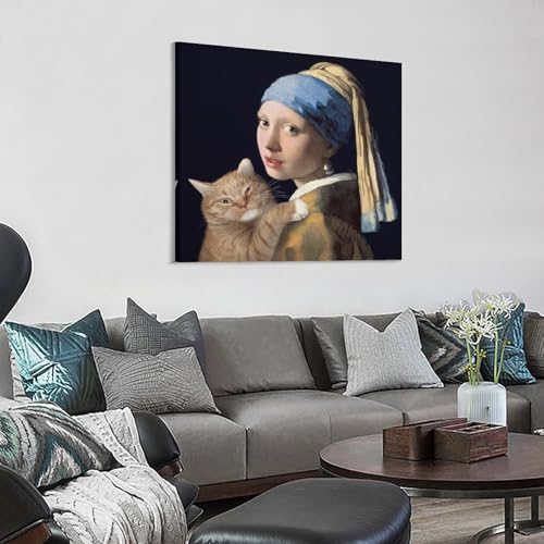 おもしろ猫、ヨハネス・フェルメール『真珠の耳飾りの少女』、絵画ポスター 部屋飾り キャンバスウォール 壁の絵 壁掛け ホームアートワーク12x12inch(30x30cm) [3]
