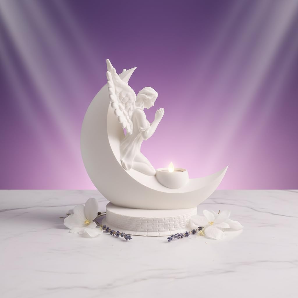 Angel Moon LED Candle Holder — Biodegradable Plastic Decorative Sculpture with LED Tea Light — 16 x 20 x 19 cm — White Serene Angel Kneeling on Crescent Moon-image-27