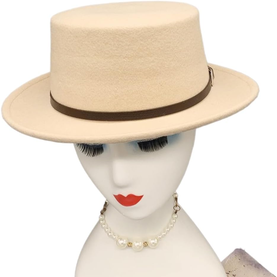 Classic Flat Brim Fedora Hat with Leather Belt Buckle Band, Beige Wool Felt