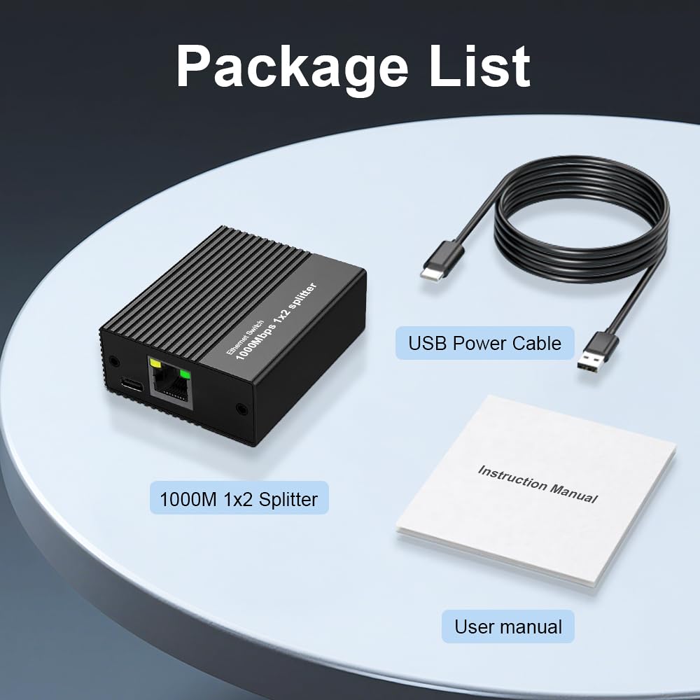 Critin Ethernet Splitter 1 to 2 High Speed 1000Mbps, Network Splitter with USB Power 1 in 2 Out Gigabit Dual LAN RJ45 Port Router Switch Work with Cat6/7/8 Cable [2 Devices Simultaneously Networking]