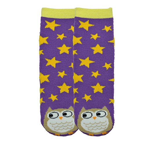 K. Bell Girls' Big Novelty Tube Slipper Socks, Purple owl, Shoe Size: 7.5-13