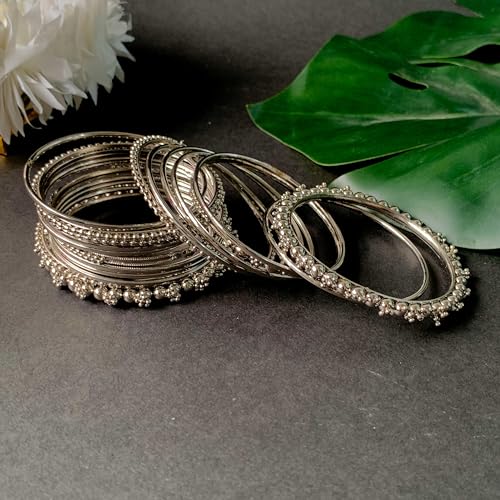 I Jewels Silver Oxidized Indian Wedding Bollywood Bangle Set For Women (ADB159S) (Pack of 2)4