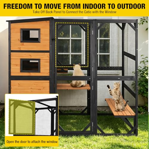 Image of Aivituvin Catio Cat House Outdoor Kitty Enclosures 77 inch Large Cat Home with Run Cat Cage with Platforms Kitty Playpen, 4 Tiers, 76.8 inch L x 35.8 inch W x 69.3 inch H,Brown