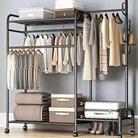 INDOORIST Heavy Duty Double Clothes Rail Rack with Shelves – Metal Garment Hanging Stand & Open Wardrobe with Shoe Storage