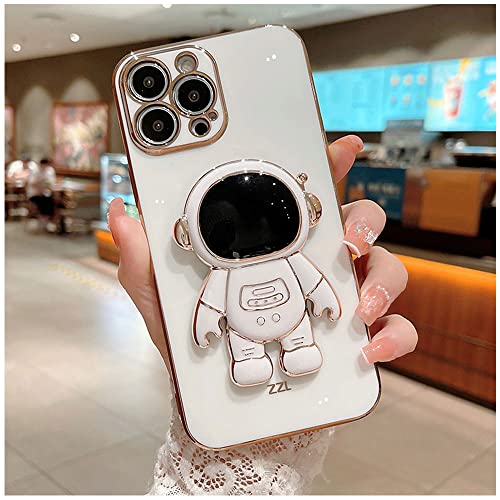 AIGOMARA 6D Plating Astronaut Hidden Stand Case Cover for iPhone 14 Pro Max Women Astronaut Folding Bracket Kickstand iPhone Case with Camera Protector Soft TPU Shockproof Bumper 6.7 in 2022 - White