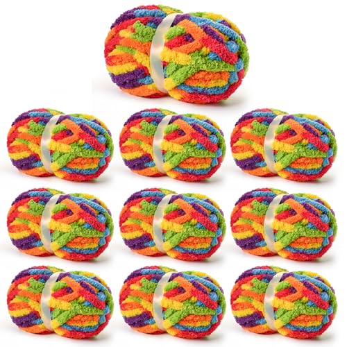 Image of Chunky Jumbo Chenille Yarn Rainbow 10 Pack | 2000g /240yds Super Bulky Baby Soft Yarn for Hand Knitting Fluffy Chunky Knit Throw Blanket Yarn