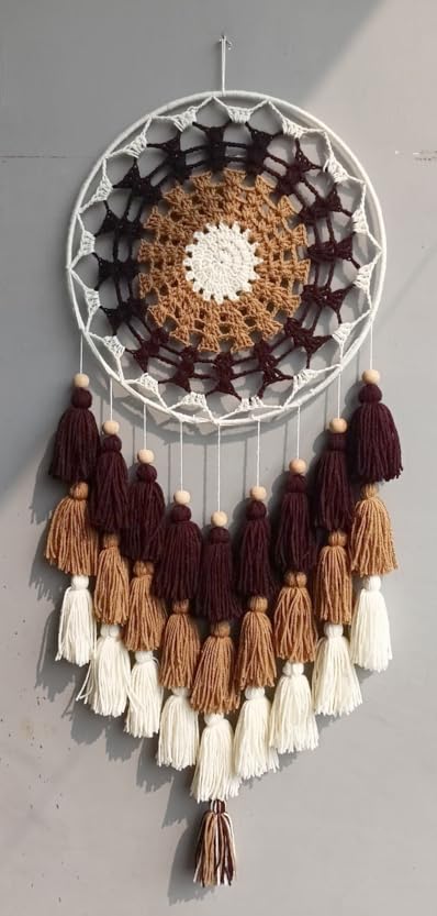 Wool Kavya Craft Present Handcrafted Crown-Coffee-Cream Tasseled Crochet Dream Catcher-image-21