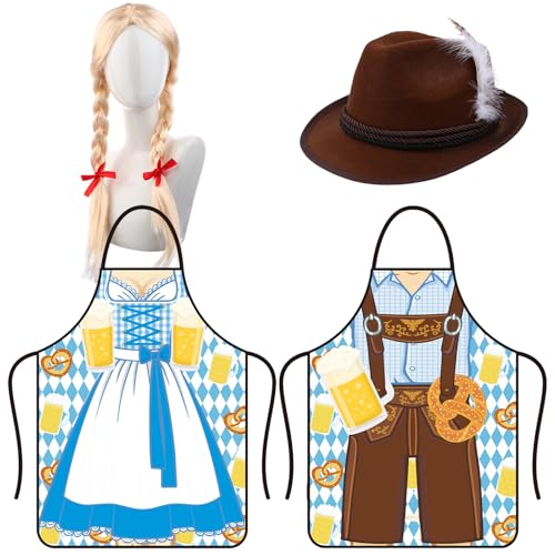 XEQWZVFR Haiabei 4 Pcs Oktoberfest Aprons with Feathered Fedora Hat&Blond Wig,Oktoberfest Couple Costume Cooking Outfit,Beer Festival Party Costume Dress BBQ Baking Chef Kitchen Gifts
