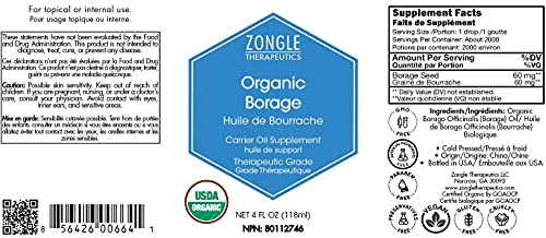Zongle USDA Certified Organic Borage Oil, Safe to Ingest, Cold Pressed, Borago Officinalis, 4 Oz