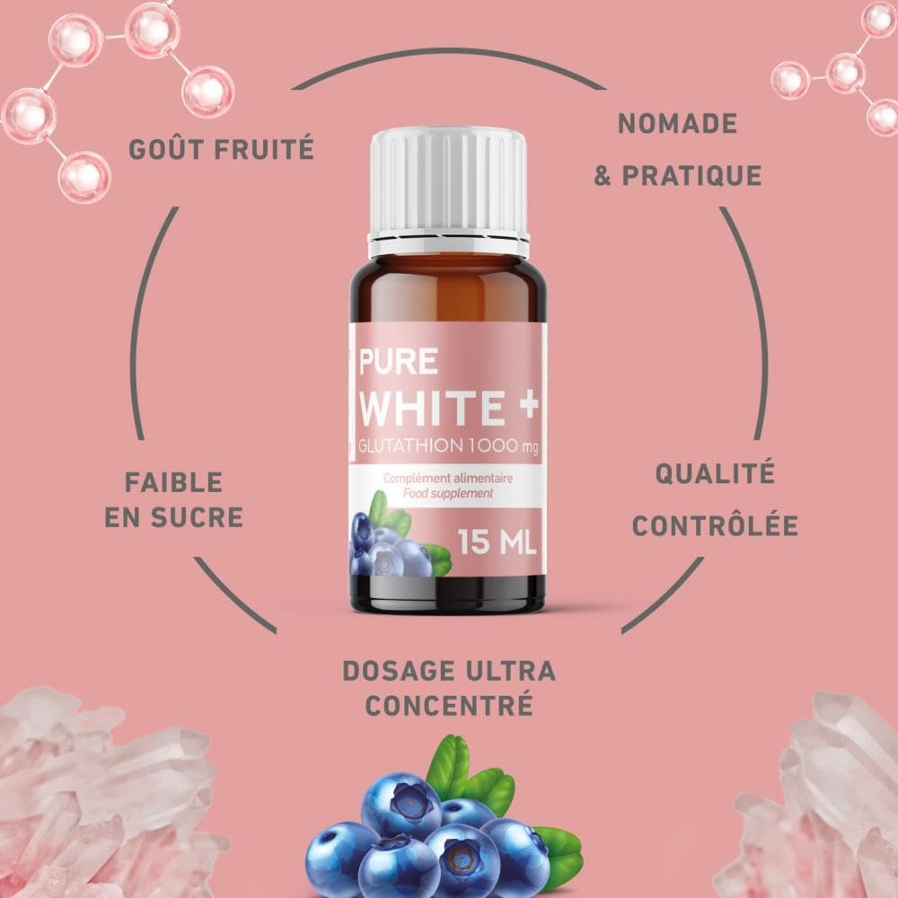 PURE WHITE + GLUTATHION 1000mg - Complément Alimentaire Antioxydant  Ultra-Concentré - Peau Eclatante, Contre le Stress Oxydatif - Programme 10J 