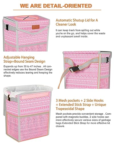 Image of Pritent Car Trash Can with Lid, Cute Leakproof Car Trash Garbage Bag Hanging Vehicle Trash Bin Small Portable Automotive Garbage Cans Organizer for Back /Front Seat /Console(2.8 Gallons,Pink Print)